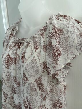 Womens Cream & Brown Printed Ruffle Sleeve Top Size M